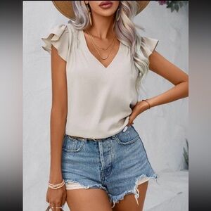 SHEIN LUNE Solid V Neck Butterfly Sleeve Blouse